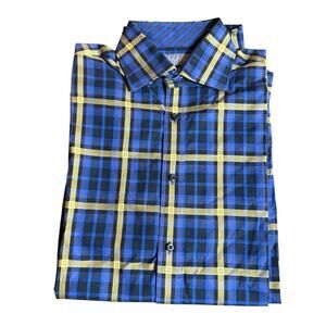 Thomas Dean Mens Blue/Gold Check Shirtmakers Cloth Button Up Long Sleeve M